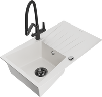 Mexen Cesar granite sink 1-bowl with drainer and Duo kitchen tap, white - 6514-20-671701-70-B