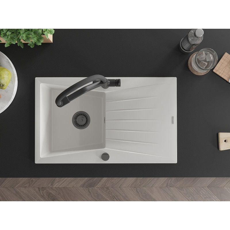Mexen Cesar granite sink 1-bowl with drainer and Duo kitchen tap, white - 6514-20-671701-70-B