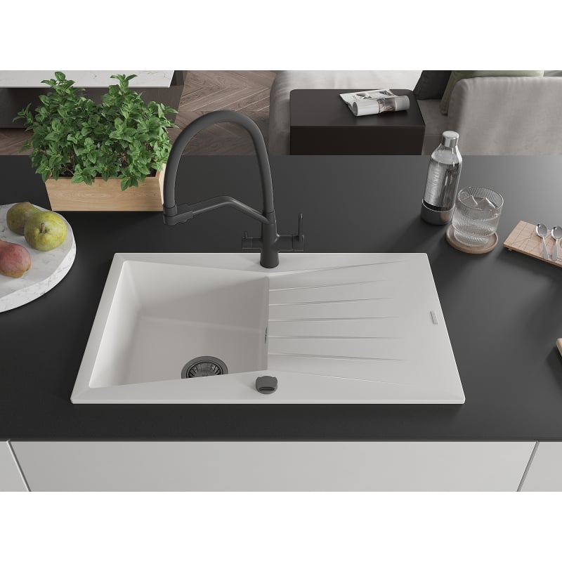 Mexen Cesar 1-bowl granite sink with drainer and Duo kitchen faucet, white - 6514-20-671701-70-B