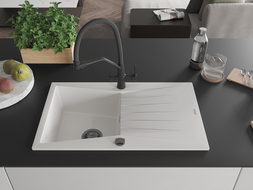 Mexen Cesar 1-compartment granite sink with a drip tray and kitchen mixer tap Duo, white - 6514-20-671701-70-B