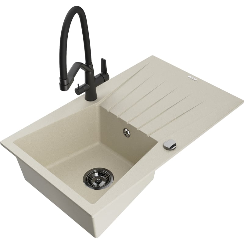 Mexen Cesar granite kitchen sink 1-bowl with drainer and Duo kitchen faucet, beige - 6514-69-671701-70-B