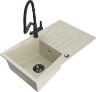 Mexen Cesar 1-compartment granite sink with a drip tray and kitchen mixer tap Duo, Beige - 6514-69-671701-70-B