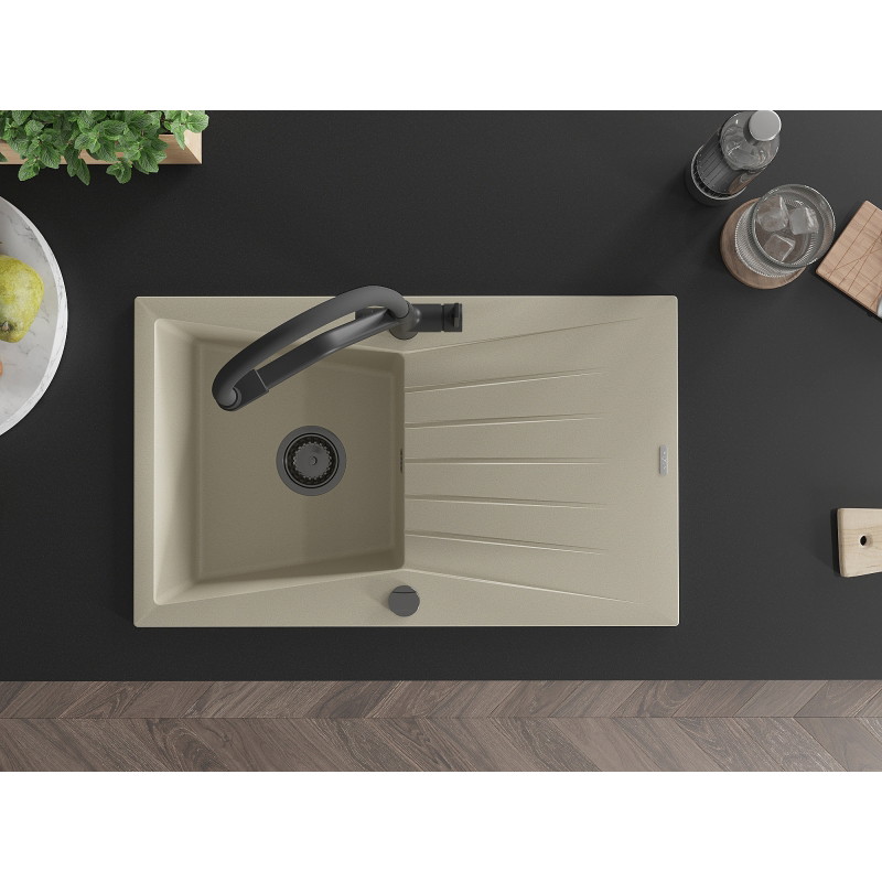 Mexen Cesar 1-Bowl Granite Sink with Drainer and Duo Kitchen Faucet, Beige - 6514-69-671701-70-B