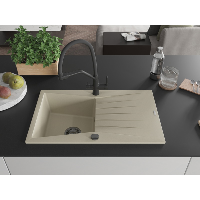 Mexen Cesar 1-Bowl Granite Sink with Drainer and Duo Kitchen Faucet, Beige - 6514-69-671701-70-B