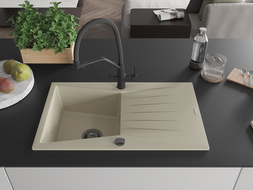Mexen Cesar 1-compartment granite sink with a drip tray and kitchen mixer tap Duo, Beige - 6514-69-671701-70-B