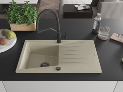 Mexen Cesar granite kitchen sink 1-bowl with drainer and Duo kitchen faucet, beige - 6514-69-671701-70-B