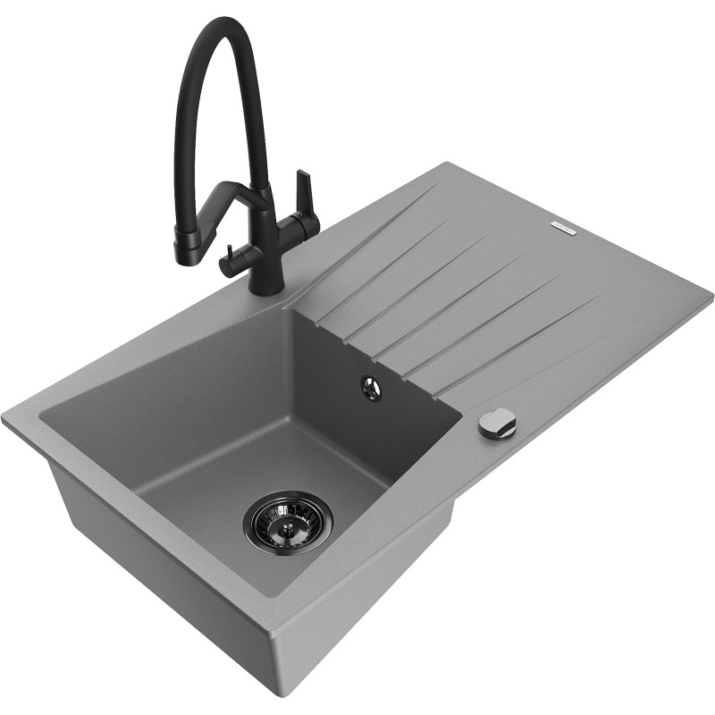 Mexen Cesar 1-bowl granite sink with drainer and Duo kitchen faucet, gray - 6514-71-671701-70-B