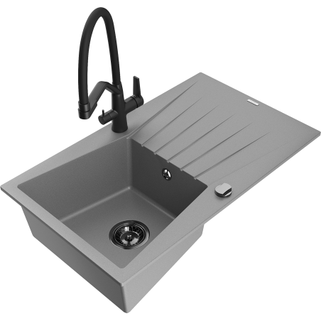 Mexen Cesar granite kitchen sink 1-bowl with drainer and Duo kitchen faucet, gray - 6514-71-671701-70-B