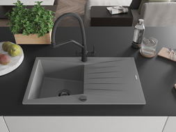 Mexen Cesar granite kitchen sink 1-bowl with drainer and Duo kitchen tap, grey - 6514-71-671701-70-B
