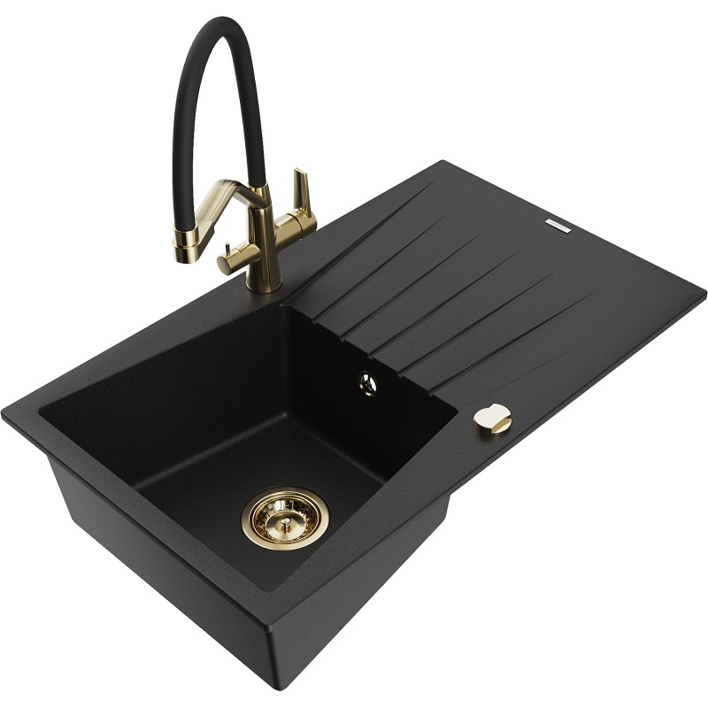 Mexen Cesar granite kitchen sink 1-bowl with drainer and Duo kitchen faucet, black - 6514-77-671701-57-G