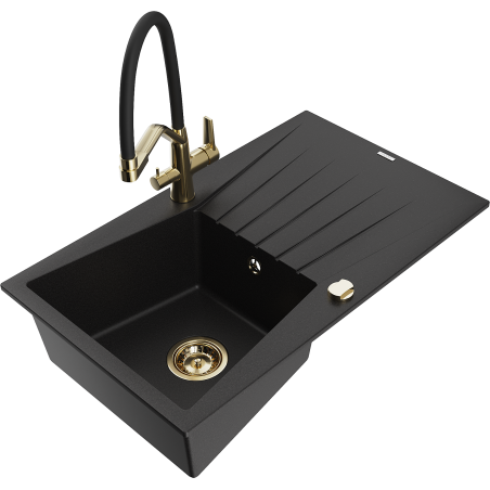 Mexen Cesar granite kitchen sink 1-bowl with drainer and Duo kitchen faucet, black - 6514-77-671701-57-G