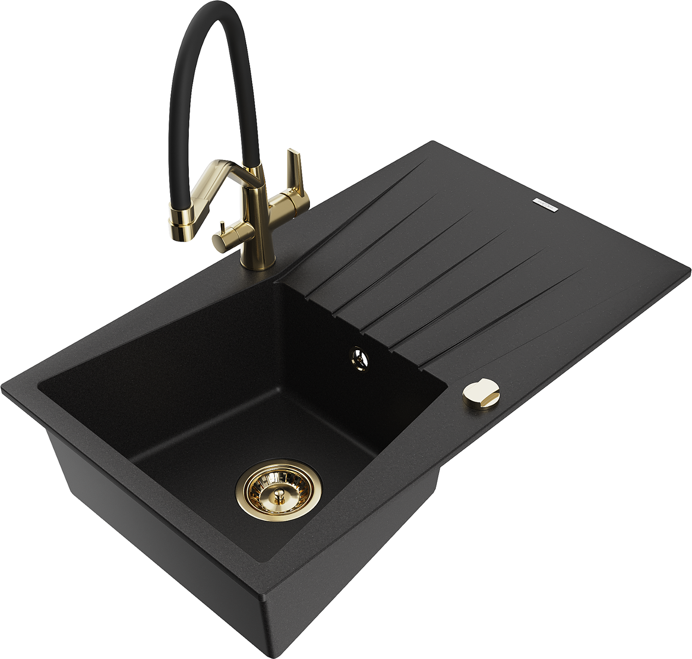 Mexen Cesar 1-compartment granite sink with a drip tray and kitchen mixer tap Duo, Black - 6514-77-671701-57-G
