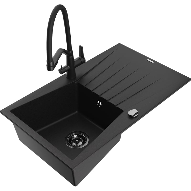 Mexen Cesar granite kitchen sink 1-bowl with drainer and Duo kitchen faucet, black - 6514-77-671701-70-B
