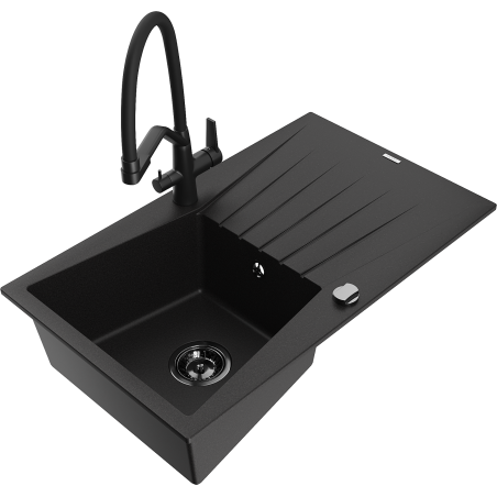 Mexen Cesar granite kitchen sink 1-bowl with drainer and Duo kitchen faucet, black - 6514-77-671701-70-B