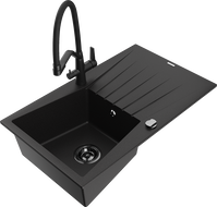 Mexen Cesar granite kitchen sink 1-bowl with drainer and Duo kitchen faucet, black - 6514-77-671701-70-B