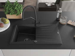 Mexen Cesar single-bowl granite sink with drainer and Duo kitchen tap, black - 6514-77-671701-70-B