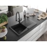Mexen Cesar granite kitchen sink 1-bowl with drainer and Duo kitchen faucet, black - 6514-77-671701-70-B