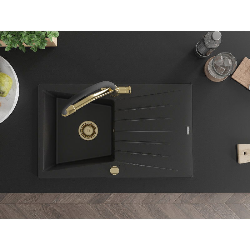 Mexen Cesar granite sink 1-bowl with drainer and Duo kitchen tap, black - 6514-77-671701-57-G