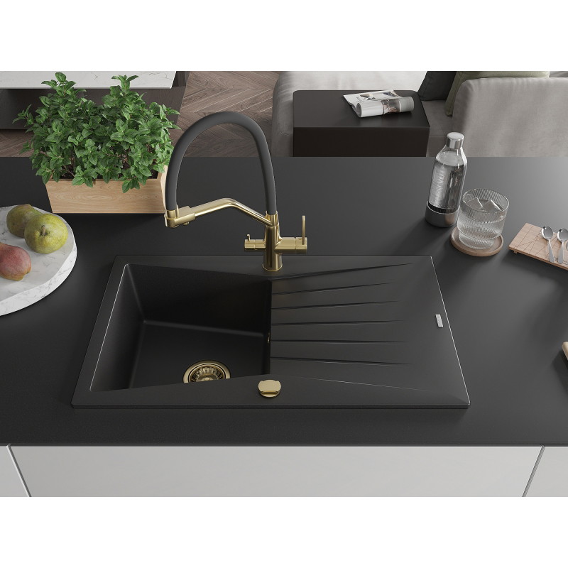 Mexen Cesar granite kitchen sink 1-bowl with drainer and Duo kitchen faucet, black - 6514-77-671701-57-G