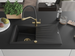 Mexen Cesar granite kitchen sink 1-bowl with drainer and Duo kitchen faucet, black - 6514-77-671701-57-G