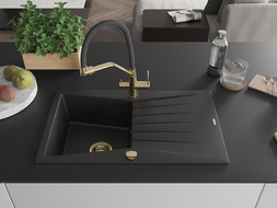 Mexen Cesar granite sink 1-bowl with drainer and Duo kitchen tap, black - 6514-77-671701-57-G