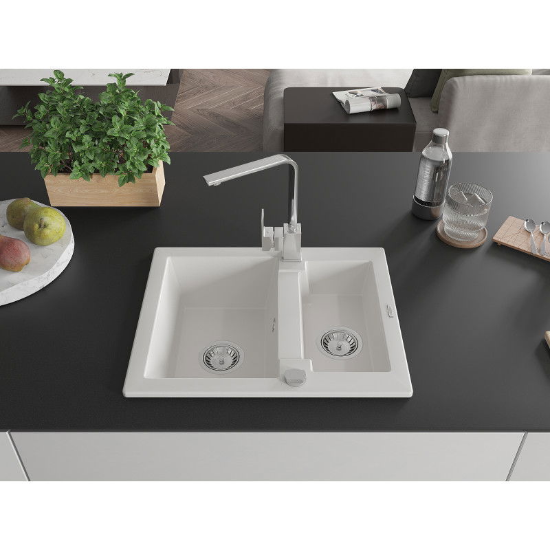 Mexen Carlos 1.5-bowl granite kitchen sink with Rita tap, white - 6518-20-670300-00