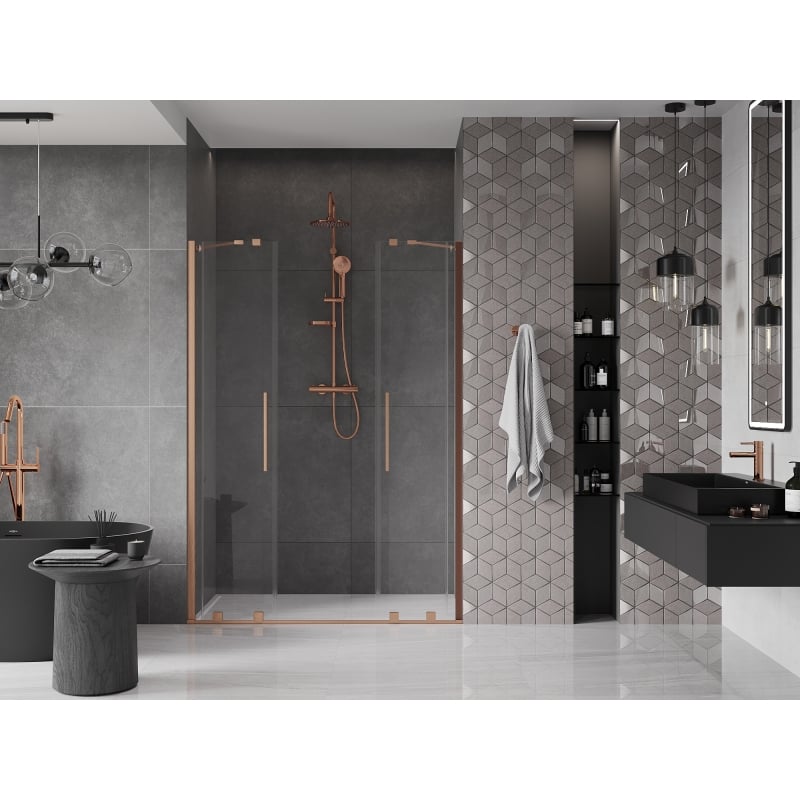Mexen Velar Duo Sliding Shower Doors 160 cm, Transparent, Brushed Copper - 871-160-000-02-65