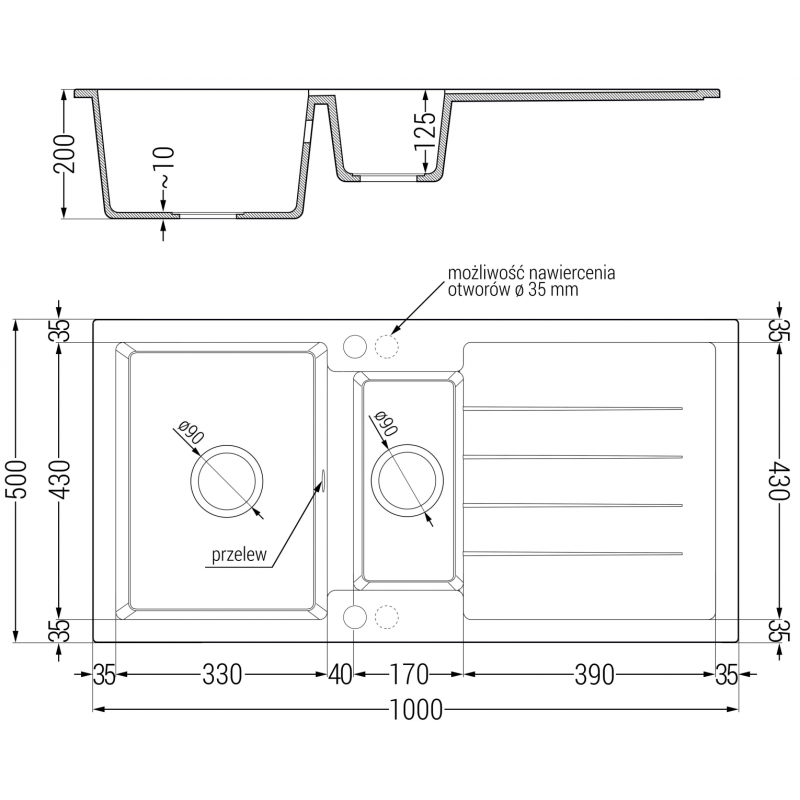 Mexen Andres granite sink 1.5-bowl with drainer 1000 x 500 mm, black, chrome siphon - 6515101510-77