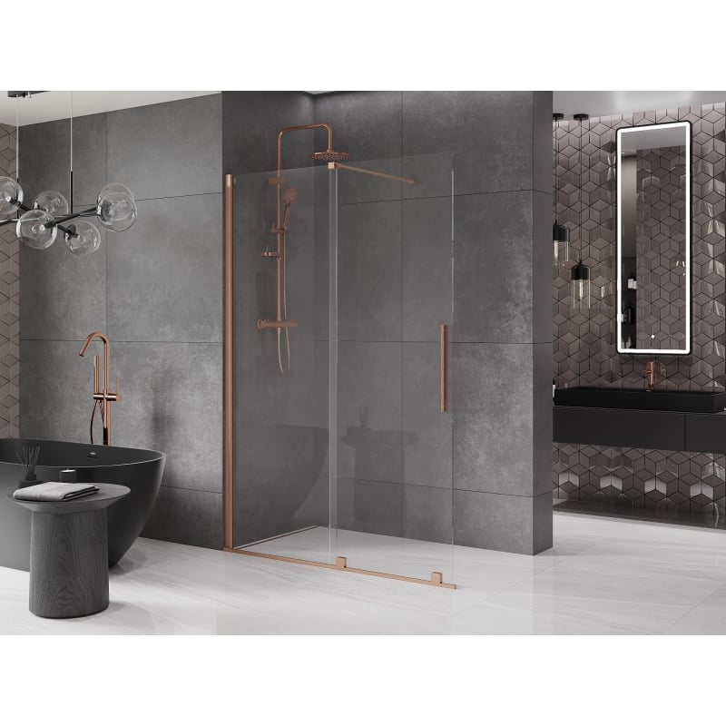 Mexen Velar Sliding Walk-in Shower Wall 130 x 200 cm, Transparent 8 mm, Brushed Copper - 871-130-000-03-65