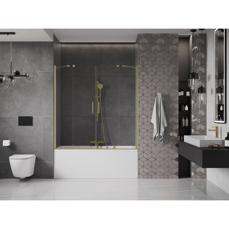 Mexen Velar Duo Sliding Bathtub Screen 2-Panel 140 x 150 cm, Transparent, Brushed Gold - 896-140-000-02-55
