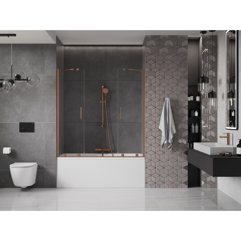 Mexen Velar Duo Bath Screen 2-Wing Sliding 140 x 150 cm, Transparent, Brushed Copper - 896-140-000-02-65