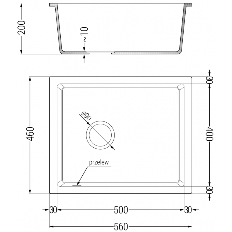 Mexen Pedro granite kitchen sink 1-bowl 560 x 460 mm, gray, chrome siphon - 6508561000-71