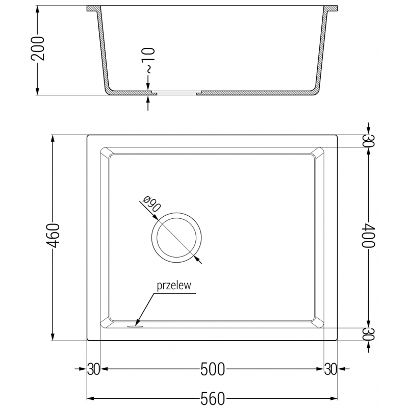 Mexen Pedro granite kitchen sink 1-bowl 560 x 460 mm, black, chrome siphon - 6508561000-77