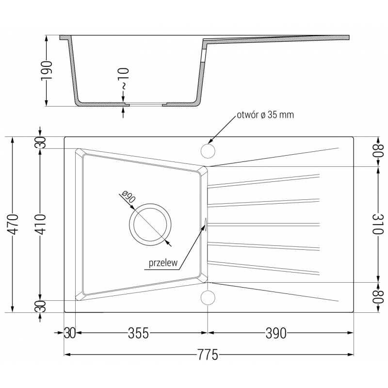 Mexen Cesar 1-Bowl Granite Sink with Drainer 775 x 470 mm, Beige, Chrome Siphon - 6514771010-69