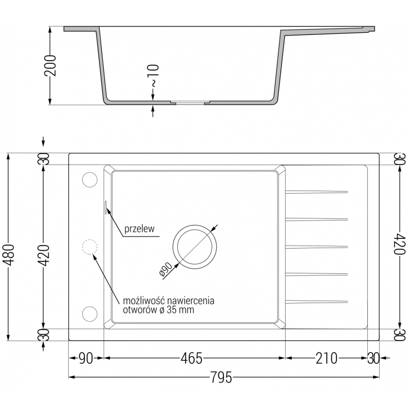 Mexen Elias granite kitchen sink 1-bowl with drainer 795 x 480 mm, black, chrome siphon - 6511791005-77