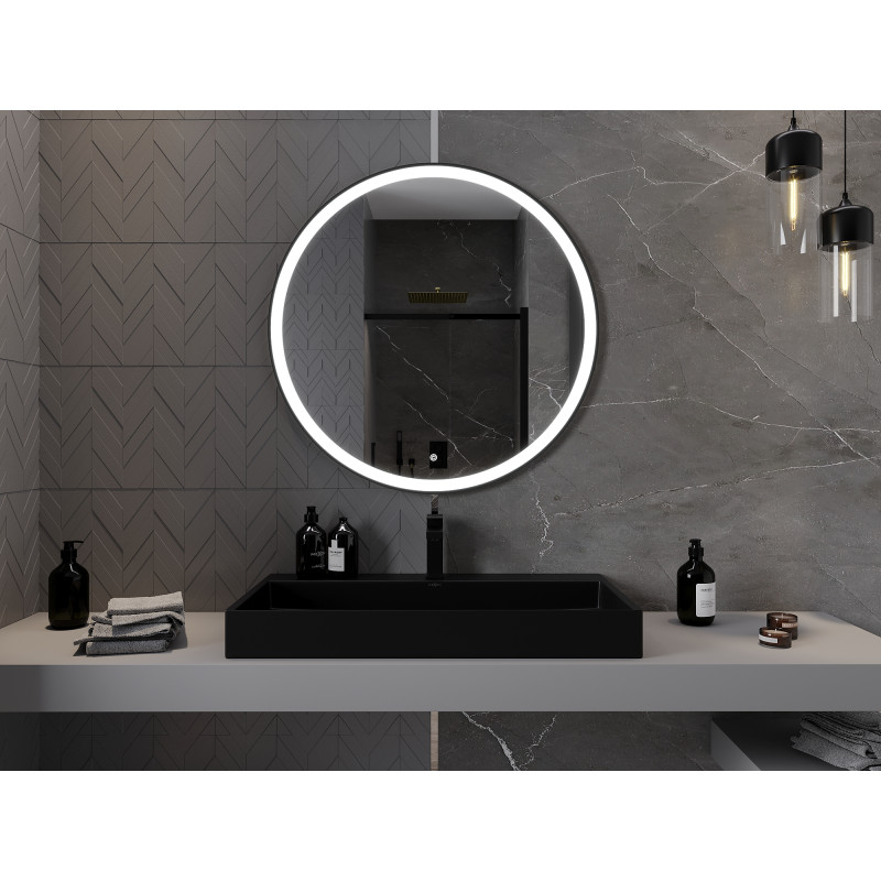 Mexen Esso illuminated bathroom mirror, round 90 cm, LED 6000K, anti-fog, black frame - 9825-090-090-611-70