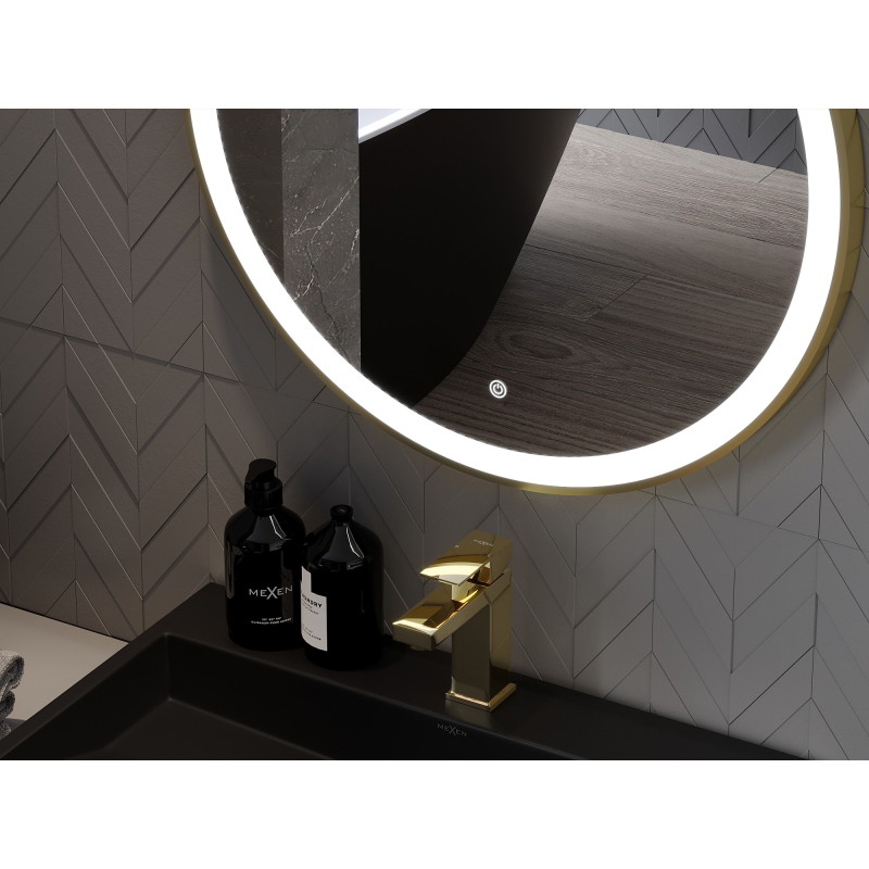 Mexen Esso round illuminated bathroom mirror, 80 cm, LED 6000K, anti-fog, gold frame - 9825-080-080-611-50