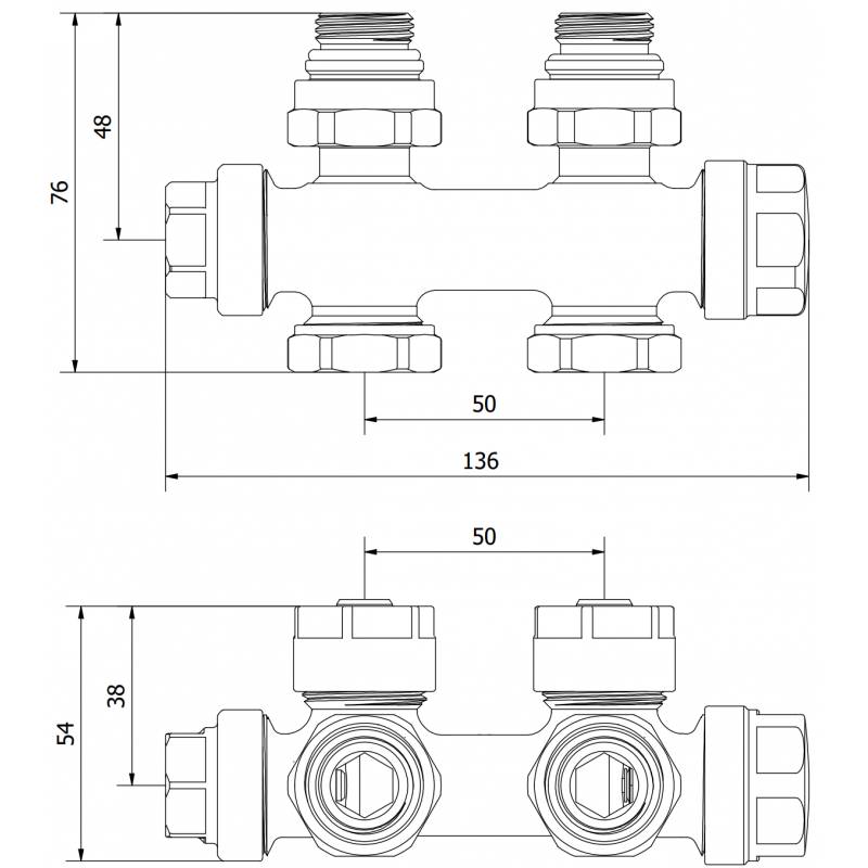 Mexen Uni-Term radiator valve angled/straight, Duplex, DN50, chrome - W908-000-01