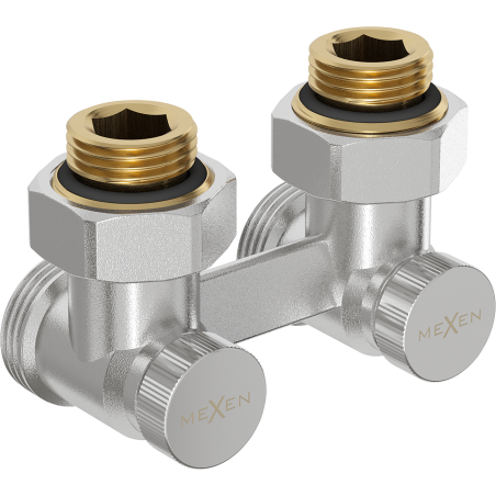 Mexen dual-pipe radiator valve DN50, angled 1/2"x3/4", nickel - W911-012-01
