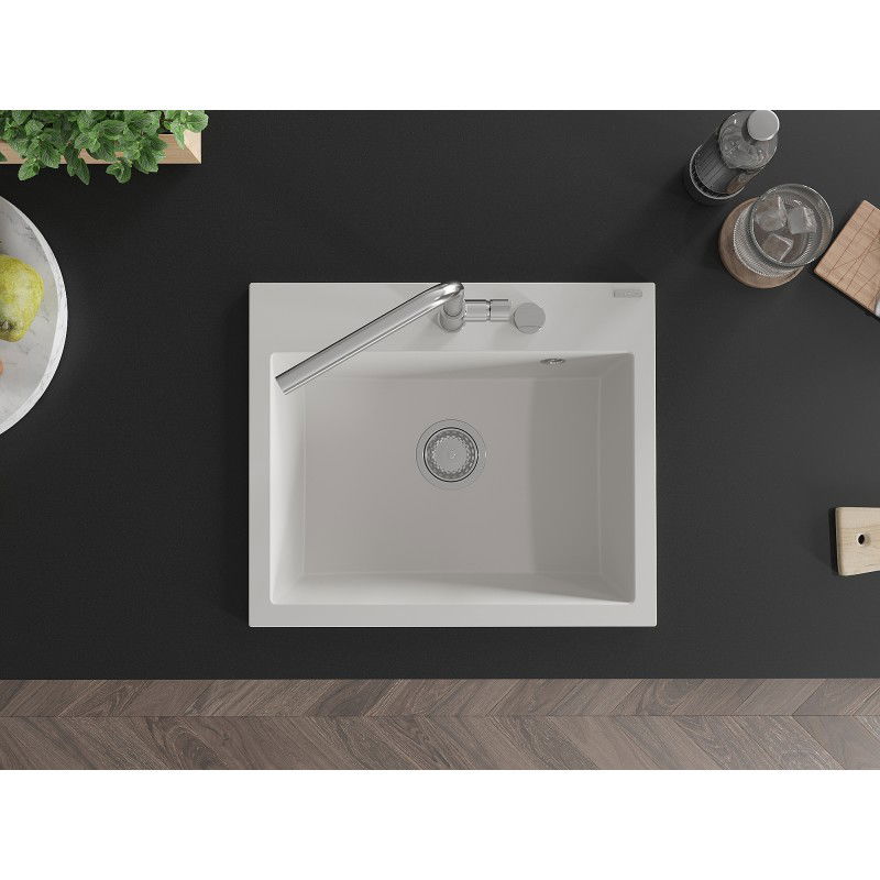 Mexen Oscar granite sink 1-bowl 580 x 490 mm, white, chrome siphon - 6519581000-20