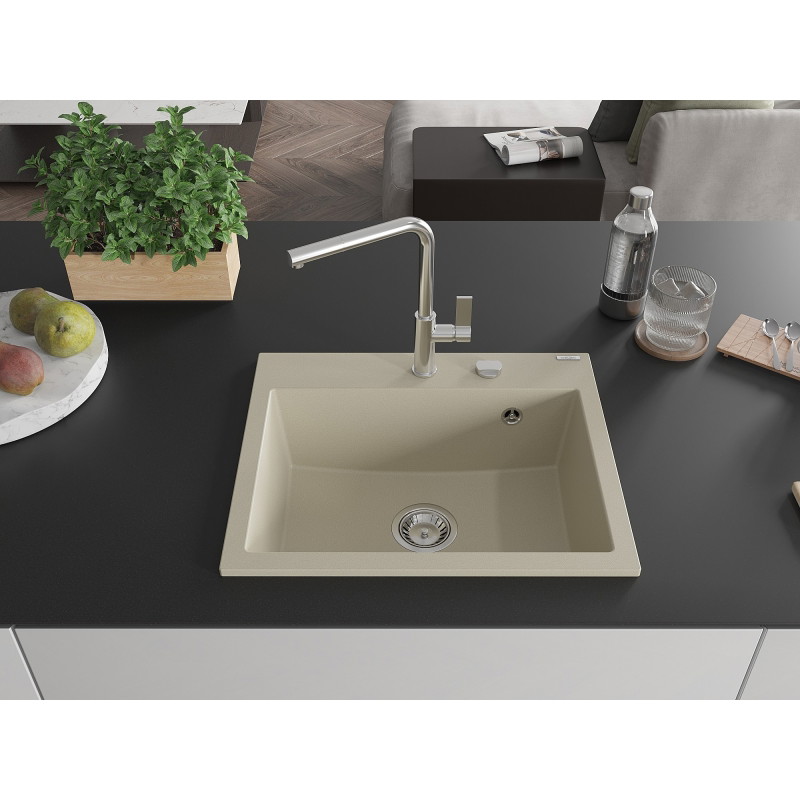 Mexen Oscar 1-bowl granite kitchen sink 580 x 490 mm, beige, chrome siphon - 6519581000-69