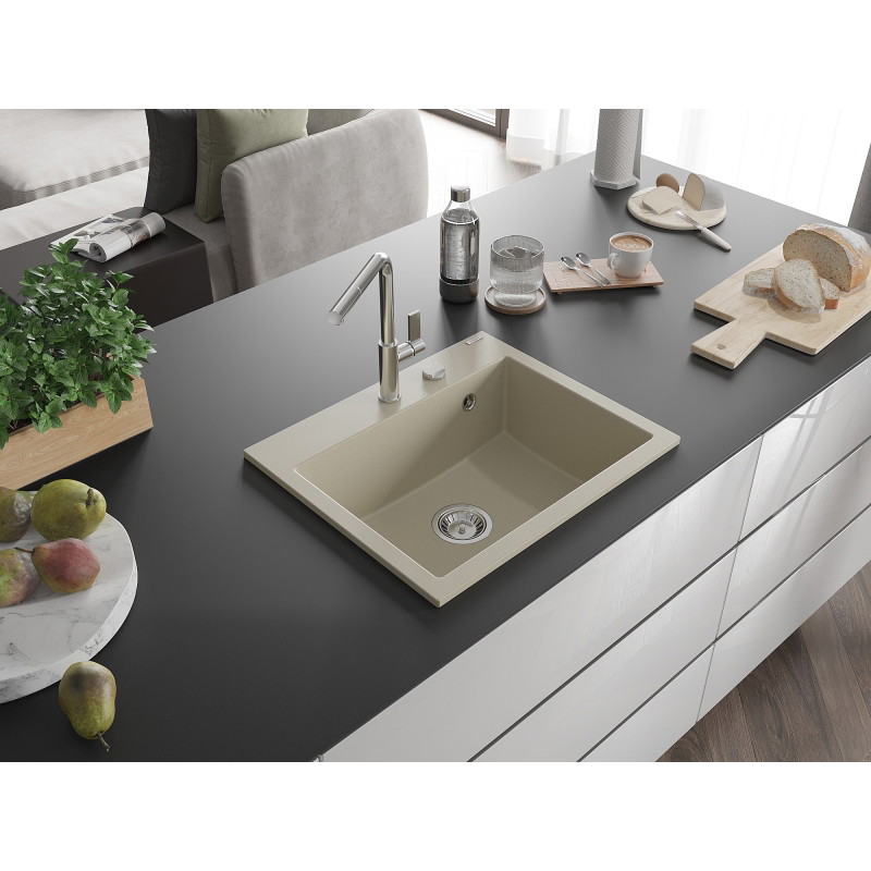 Mexen Oscar 1-bowl granite kitchen sink 580 x 490 mm, beige, chrome siphon - 6519581000-69