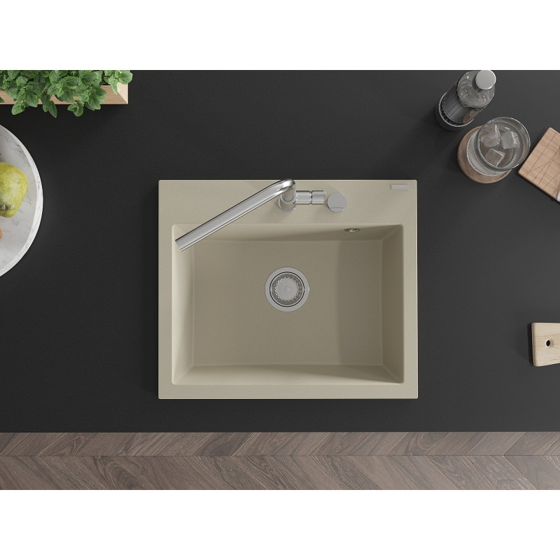 Mexen Oscar 1-bowl granite kitchen sink 580 x 490 mm, beige, chrome siphon - 6519581000-69