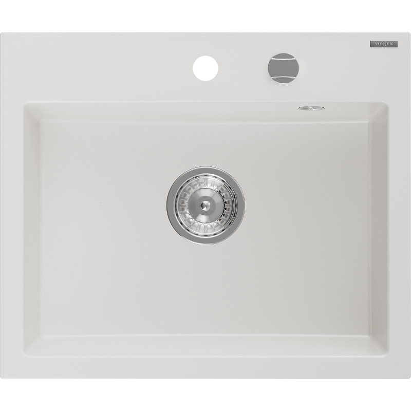 Mexen Oscar granite sink 1-bowl 580 x 490 mm, white, chrome siphon - 6519581000-20