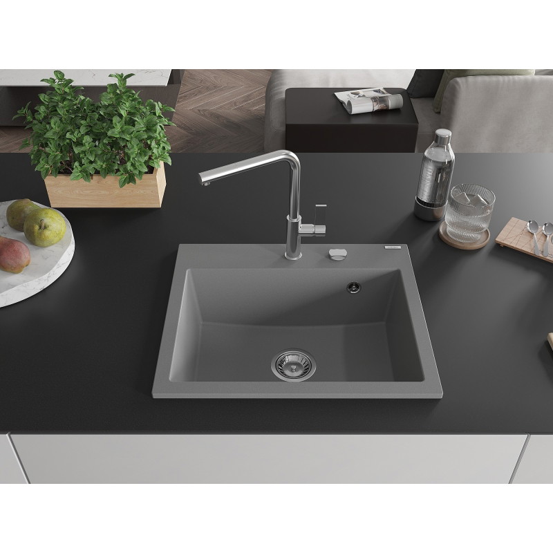 Mexen Oscar granite sink 1-bowl 580 x 490 mm, gray, chrome siphon - 6519581000-71