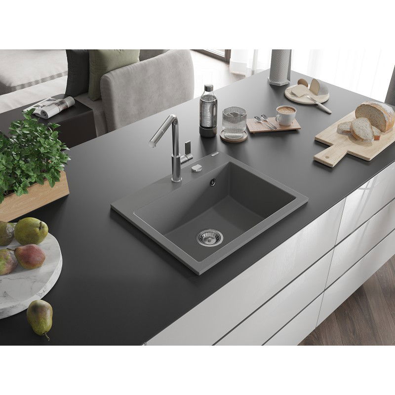 Mexen Oscar granite sink 1-bowl 580 x 490 mm, grey, chrome siphon - 6519581000-71
