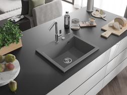 Mexen Oscar granite kitchen sink 1-bowl 580 x 490 mm, gray, chrome siphon - 6519581000-71