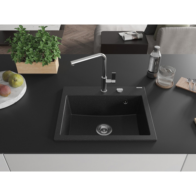Mexen Oscar granite sink 1-bowl 580 x 490 mm, black/silver metallic, chrome siphon - 6519581000-73