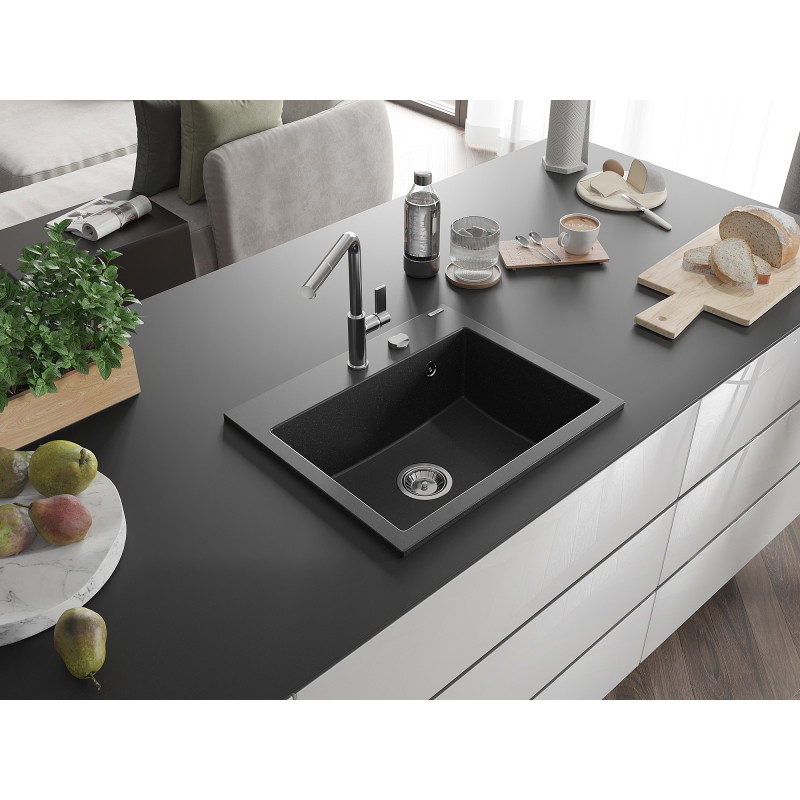 Mexen Oscar granite sink 1-bowl 580 x 490 mm, black/silver metallic, chrome siphon - 6519581000-73