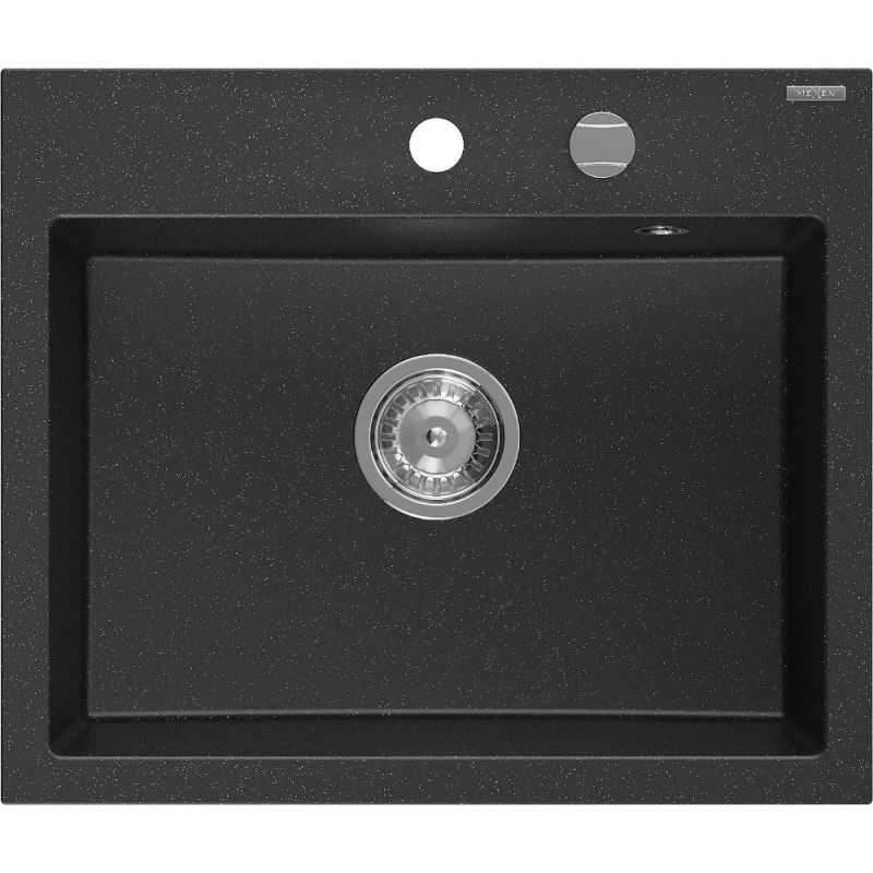 Mexen Oscar granite kitchen sink single bowl 580 x 490 mm, black/silver metallic, chrome siphon - 6519581000-73